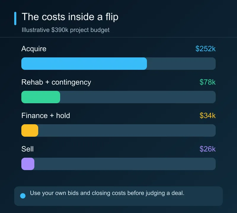 A fictional $390,000 flip budget includes $252,000 in acquisition costs, $78,000 in rehab and contingency, $34,000 in finance and holding, and $26,000 in selling costs.