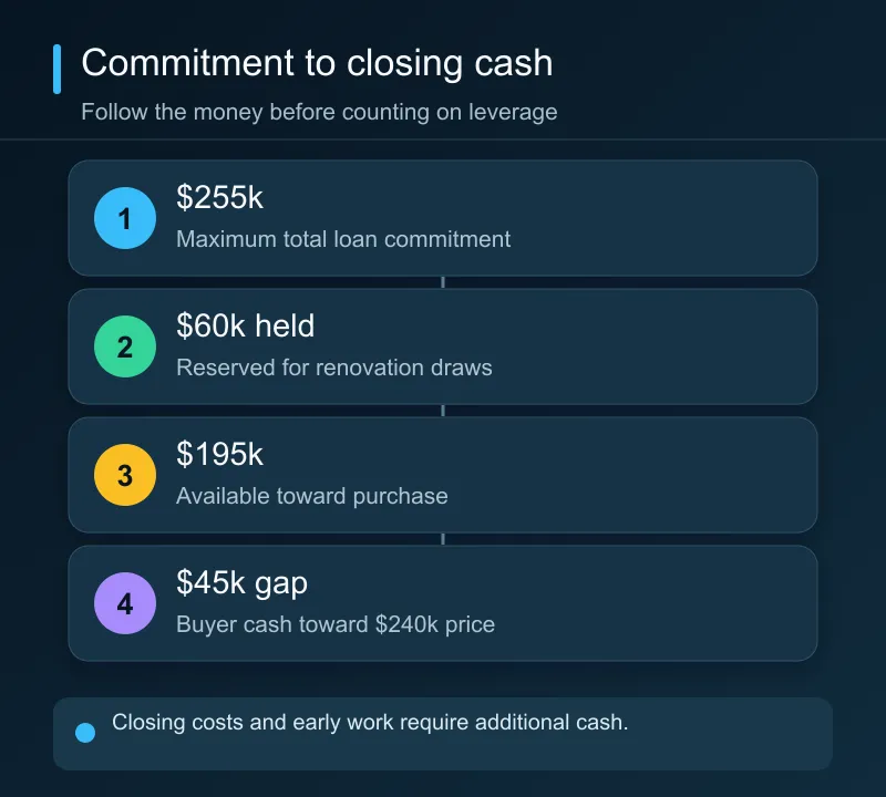 A $255,000 total commitment includes a $60,000 renovation holdback, leaving $195,000 at purchase and a $45,000 gap on a $240,000 purchase.
