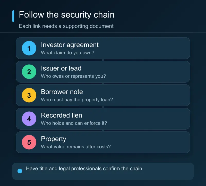 The investor’s contract can connect through an issuer or lead lender to a borrower note, recorded property lien, and underlying real estate.