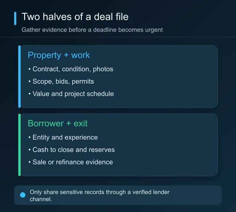 A useful loan application file includes the property and contract, a construction scope and budget, borrower and entity documents, cash reserves, and a repayment plan.