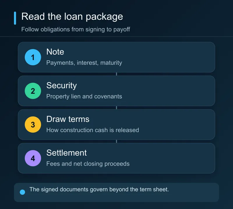 A loan package includes a note defining payments, a security instrument for collateral, a draw agreement for construction funds, and a settlement statement for closing cash.