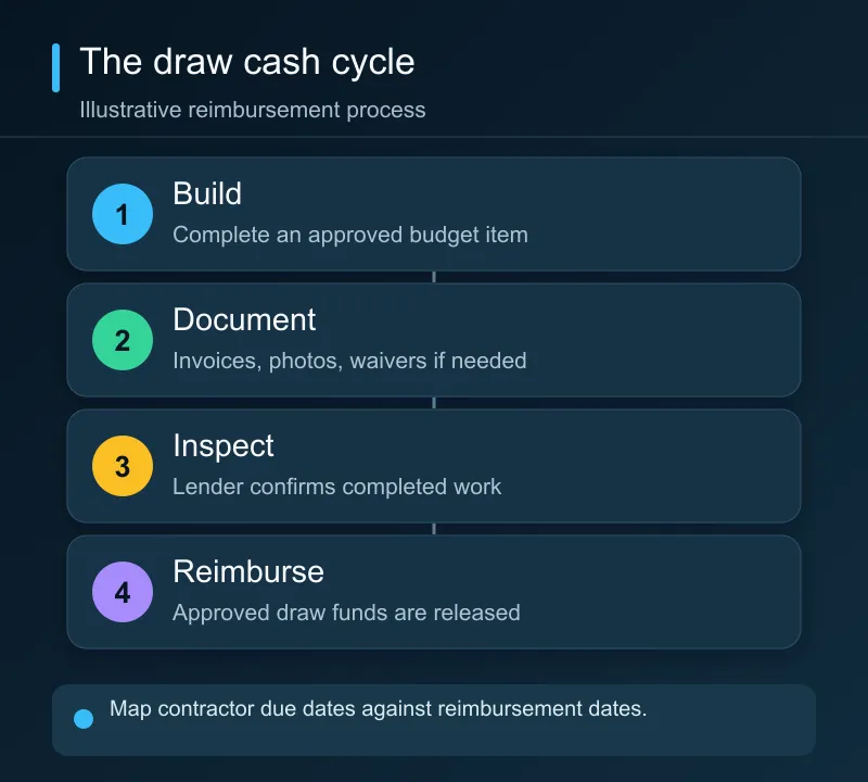 A typical reimbursement draw requires completed work, a request with documentation, inspection, approval, and release of funds.