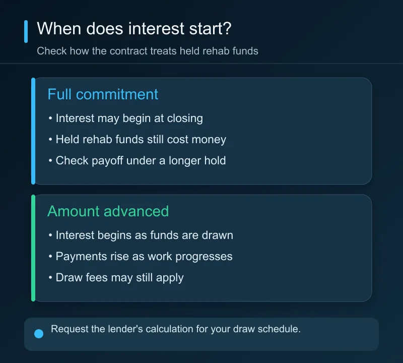Loan terms can charge interest on the whole construction commitment at closing or only on money advanced as draws are released.
