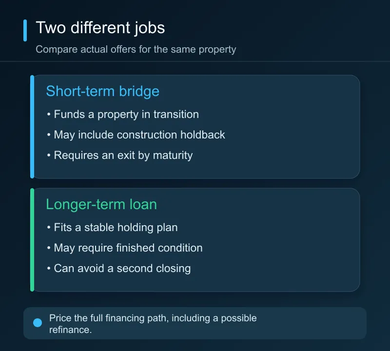 A bridge loan can fund a property in transition; a longer-term loan can support a stable holding plan.