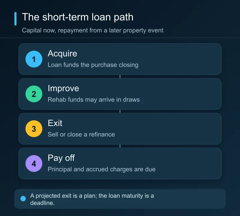 Four stages of a short-term property loan: acquire the property, complete the work, sell or refinance, and pay off the loan.