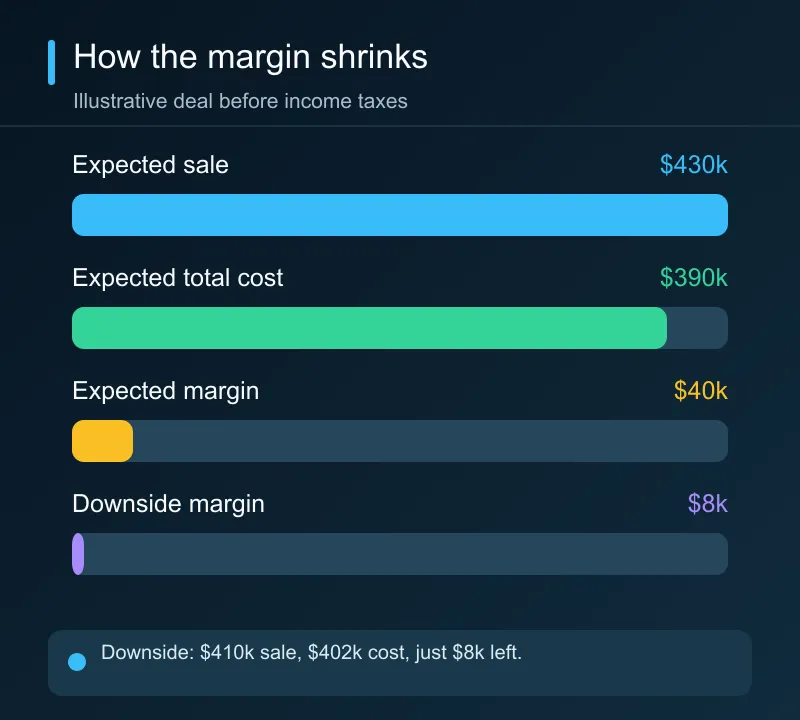 A fictional flip has a $40,000 margin at a $430,000 sale and $390,000 cost, but only an $8,000 margin when the sale falls to $410,000 and costs rise to $402,000.