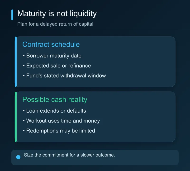 A loan maturity date is a contractual deadline, while actual investor cash may arrive later because of extension, default, or fund withdrawal limits.