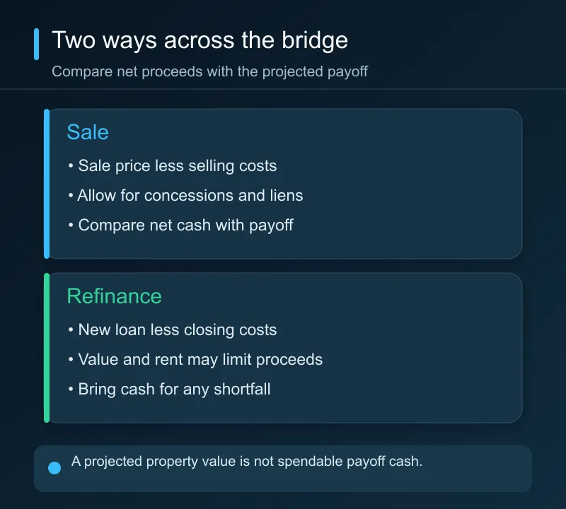 For a sale exit, subtract selling costs from sale price; for a refinance exit, subtract new closing costs from the new loan before comparing either with the bridge payoff.