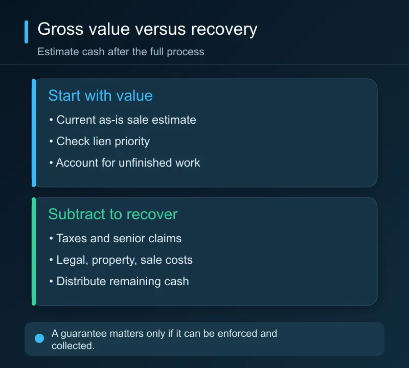 A $300,000 debt and a property worth $300,000 do not imply full investor recovery once prior claims and enforcement, property, and selling costs are paid.