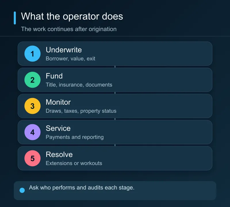A lending operator originates and underwrites loans, funds them, controls construction draws, services payments, and handles troubled loans.