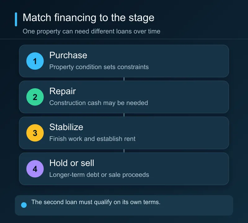 A property moves from purchase and repair to a stabilized rental, with different financing needs at each stage.