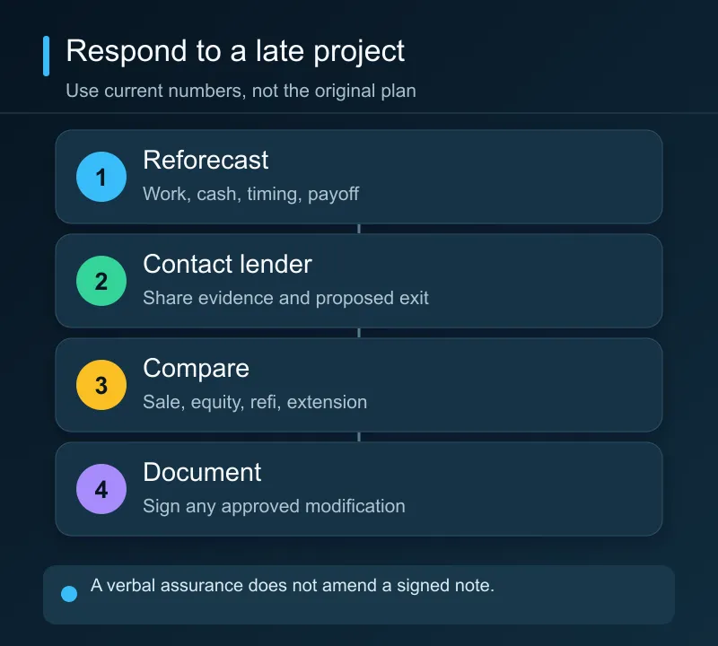 A borrower should update the budget and payoff, approach the lender early, compare sale, refinance, equity or extension paths, and document the agreed resolution.