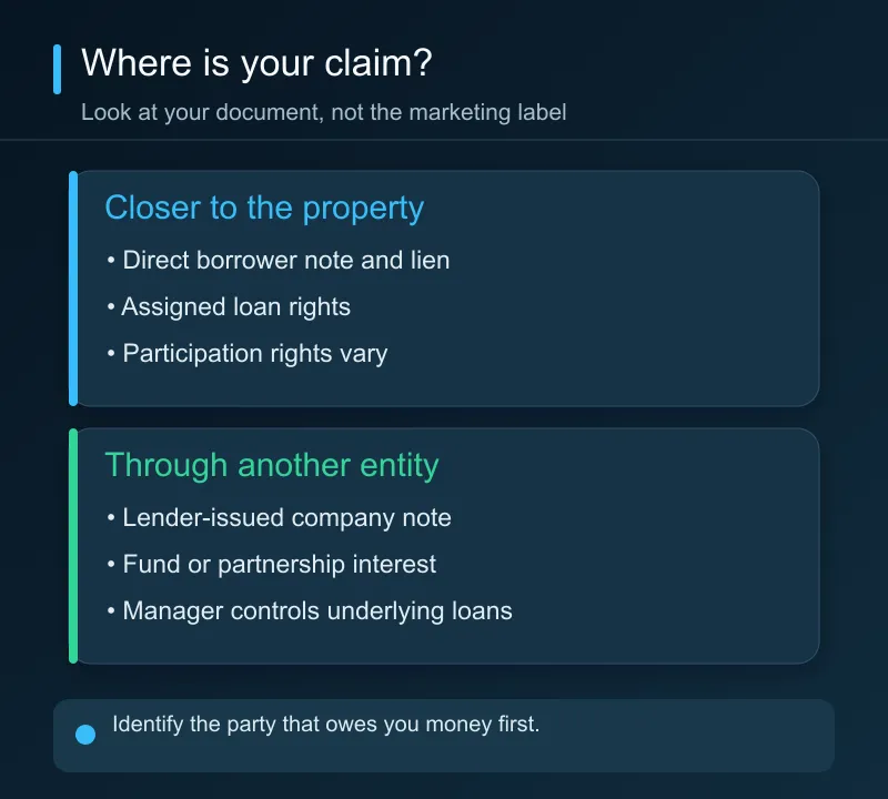 A direct property loan may give the investor a borrower note and lien, while a participation, lender-issued note, or fund interest creates a different claim.