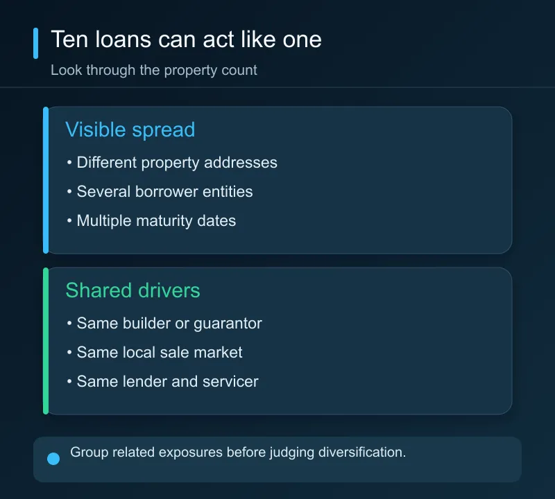 Several separate loans may still share one sponsor, market, originator, servicer, or refinance condition.