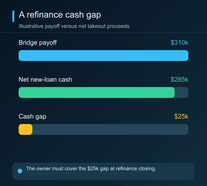 A projected $310,000 bridge payoff exceeds $285,000 of net rental refinance proceeds by $25,000.