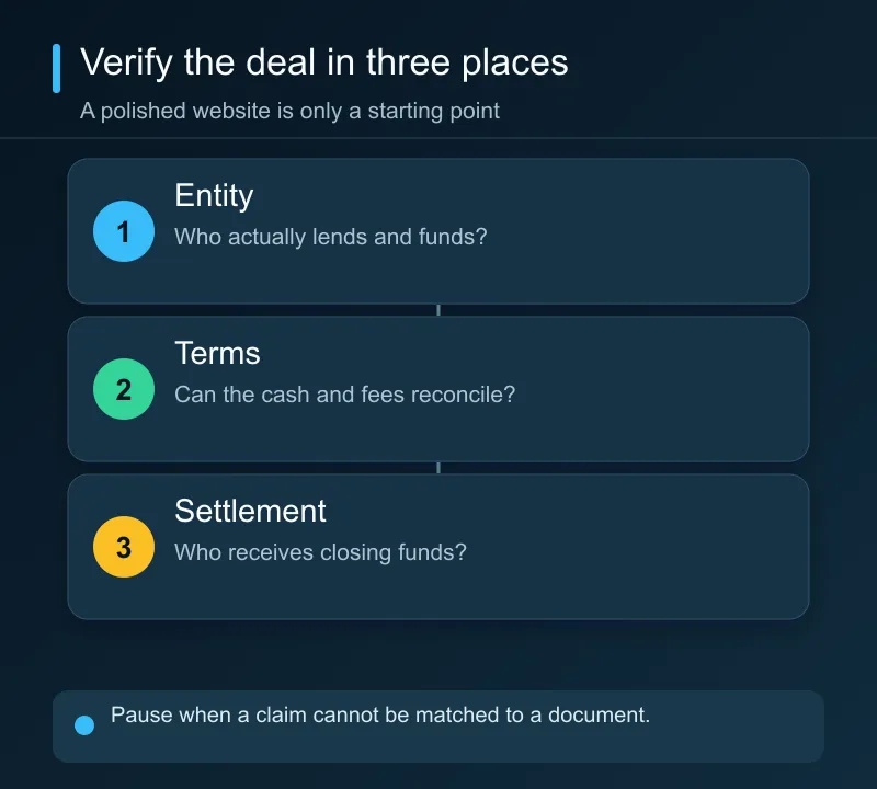 Before borrowing, independently verify the lender's legal identity, reconcile written loan terms, and confirm settlement wire instructions.