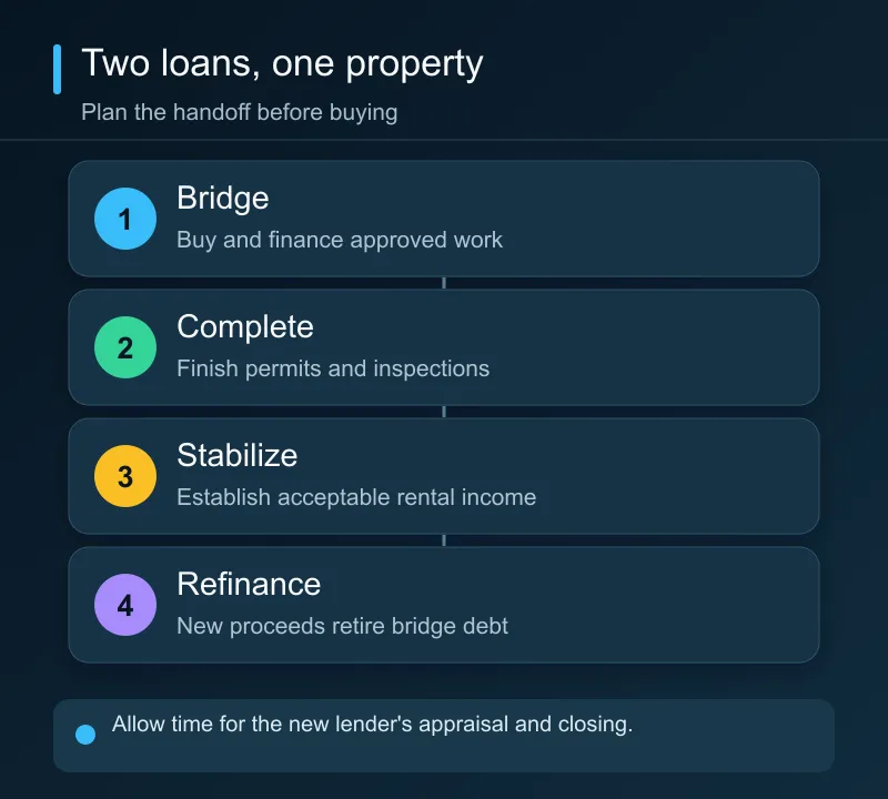 An investor buys and rehabs with a bridge loan, stabilizes the rental, then seeks a new rental loan to pay off the bridge.