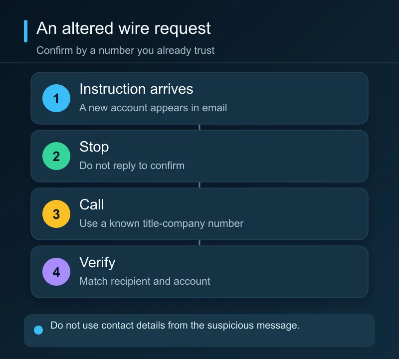 An unexpected email changes closing wire instructions; the borrower verifies account details by calling the title company using an independently obtained number.